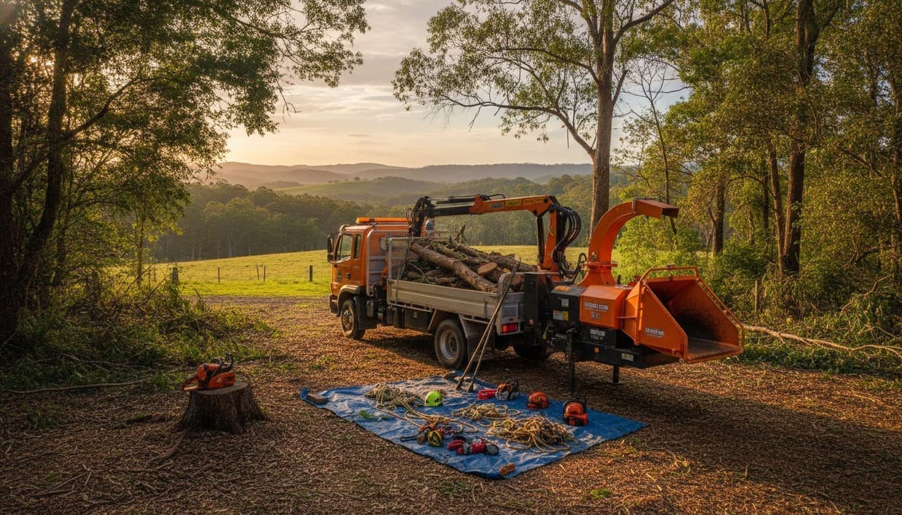 Launceston Arborist work truck and wood chipper on site in the Launceston